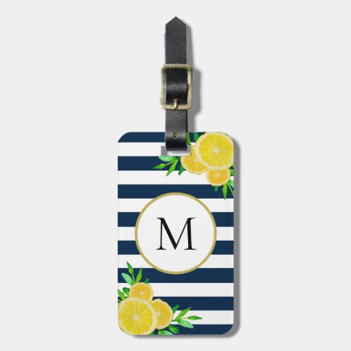 Blue White Stripes Juicy Watercolor Lemon Monogram Luggage Tag