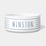 Blue White Stripes Modern Farmhouse Cat Dog Bowl<br><div class="desc">Personalized blue and white stripe minimal and modern farmhouse decor style thin multiple stripe pet food or water bowl with your cat or dog name printed on the side. Use the advanced template editor to change font,  background or stripe colors to match your decor or favorite colors.</div>