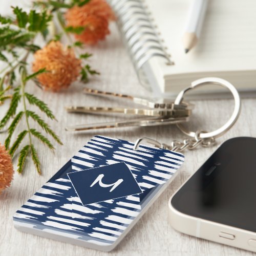 Blue White Stripes Modern Monogram Keychain