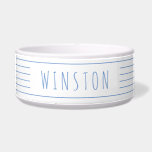 Blue White Stripes Modern Rustic Pet Cat Dog<br><div class="desc">Personalized soft blue and white stripe minimal and modern rustic pet cat or dog bowl features multiple thin stripes with your dog's or cat's name printed directly on the white ceramic bowl. Use the advanced template editor to change font, background or stripe colors to match your decor or favorite colors....</div>