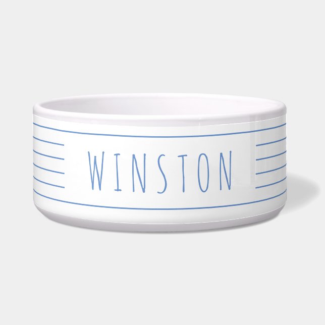 Blue White Stripes Modern Rustic Pet Cat Dog Bowl (Front)