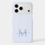 Blue & White Stripes Monogram Initial iPhone 17 Pro Max Case<br><div class="desc">Protect your phone in style with this elegant personalized phone case, designed for a chic and feminine look. Featuring a soft blue and white striped background, the back of the case showcases your monogram initial and name in a fancy script font, creating a timeless and sophisticated design. Perfect for everyday...</div>