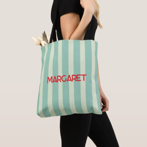 Blue white stripes monogram name tote bag