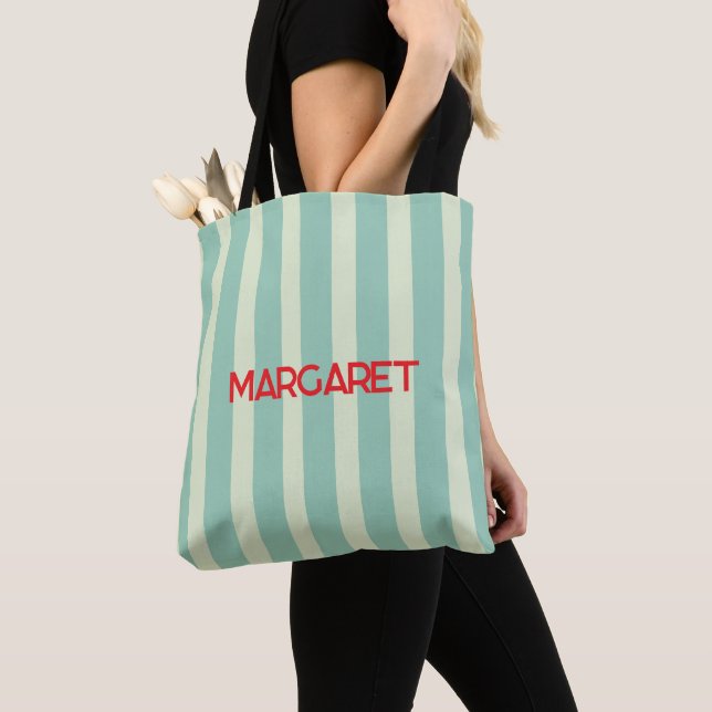 Blue white stripes monogram name tote bag (Close Up)