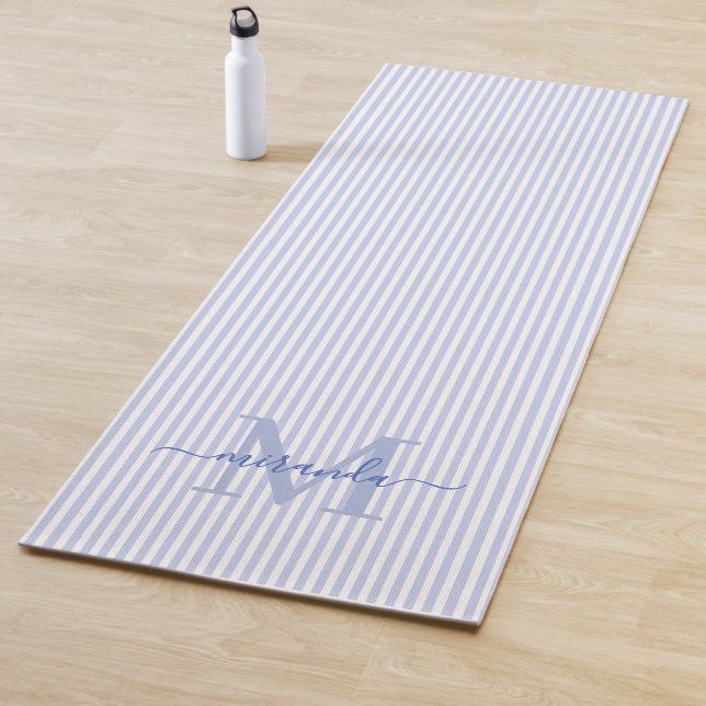 Blue & White Stripes Monogram Name Yoga Mat (In Situ)