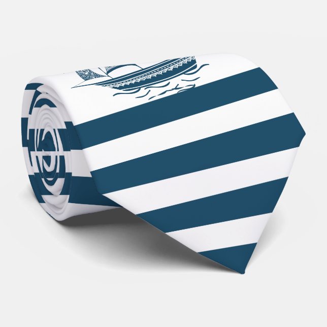 Blue & white stripes nautical wind sailing boat 2 neck tie (Rolled)