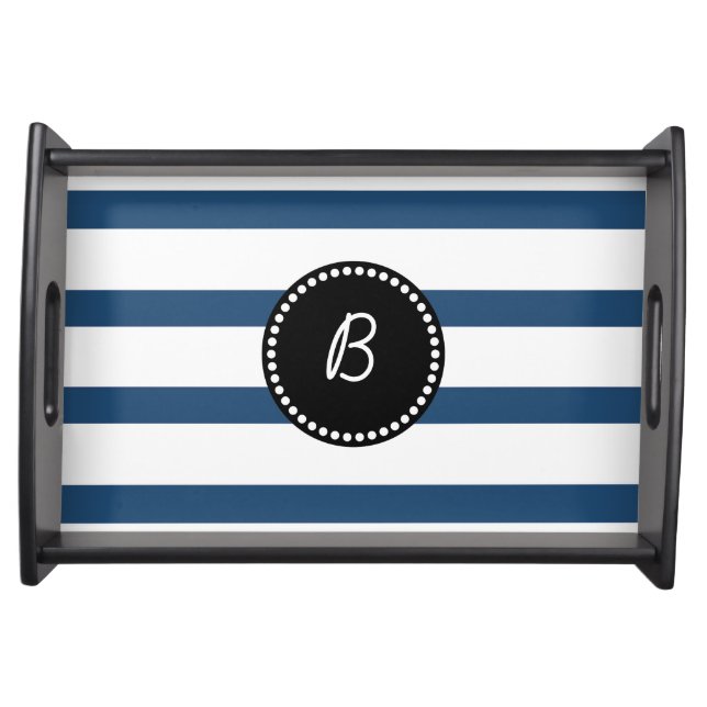 Blue & White Stripes Pattern, Black Monogram Serving Tray (Front)