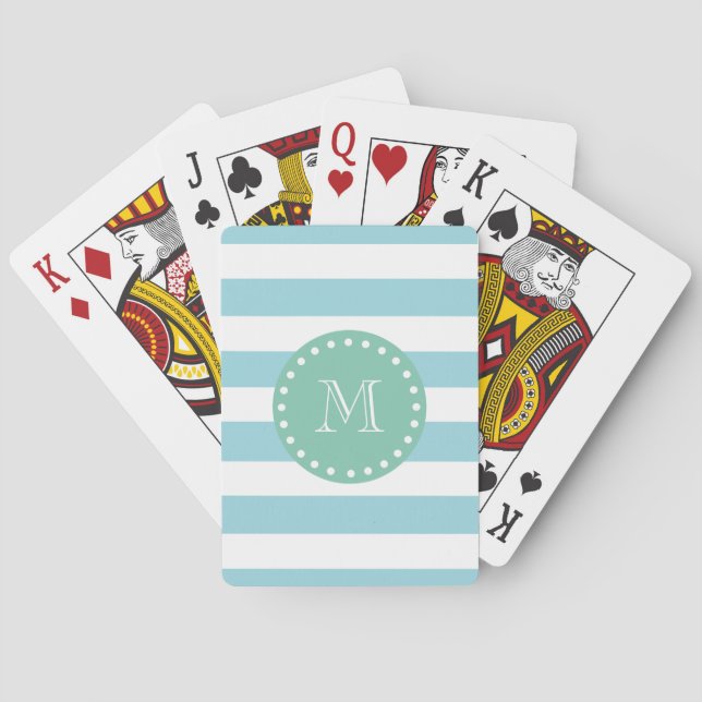 Blue White Stripes Pattern, Mint Green Monogram Poker Cards (Back)