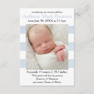 Blue/White Stripes Photo - 3x5 Birth Announcement