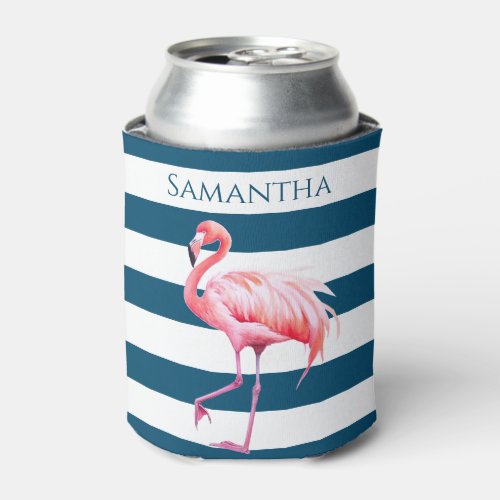 Blue White Stripes Pink Flamingo Personalized Name Can Cooler