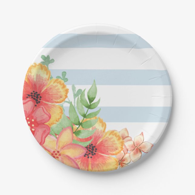 Blue & White Stripes Pink Floral Paper Plates (Front)