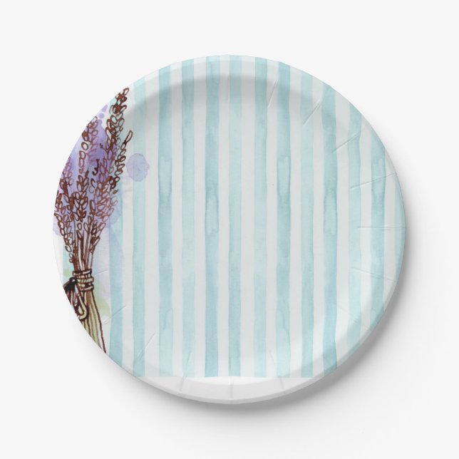 Blue & White Stripes Pink Floral Paper Plates (Front)