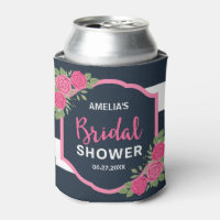 Blue White Stripes Pink Roses Bridal Shower Can Cooler