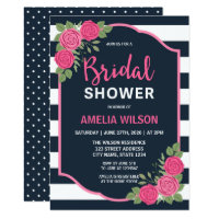 Blue White Stripes Pink Roses Bridal Shower Card