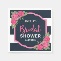 Blue White Stripes Pink Roses Bridal Shower Napkin