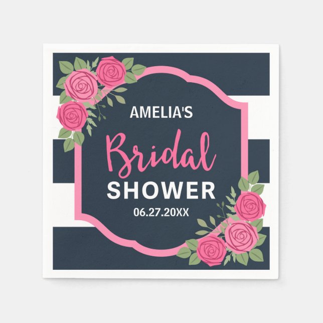 Blue White Stripes Pink Roses Bridal Shower Napkins (Front)