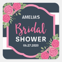 Blue White Stripes Pink Roses Bridal Shower Square Sticker