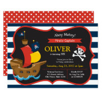 Blue White Stripes Pirate Ship Birthday Invitation