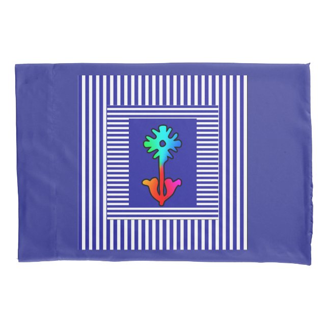 Blue White Stripes Rainbow Flower  Center Pillow Case (Front)