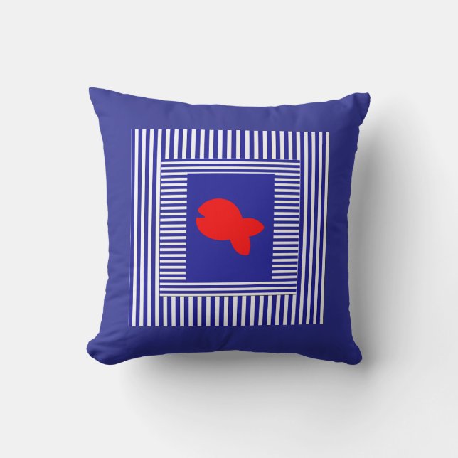 Blue White Stripes Red Fish  Center Throw Pillow (Front)