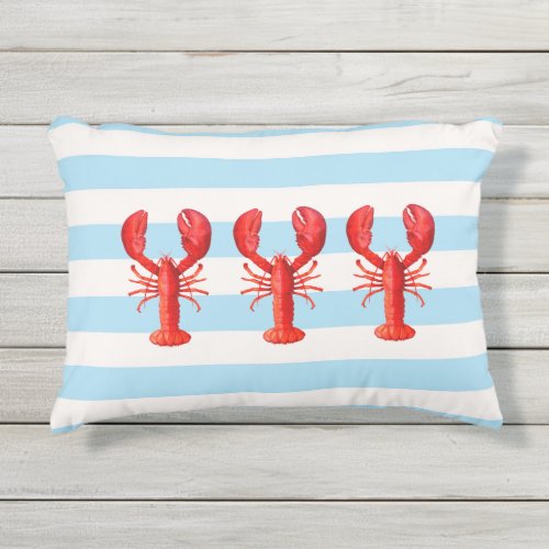 Blue white stripes red lobsters outdoor pillow