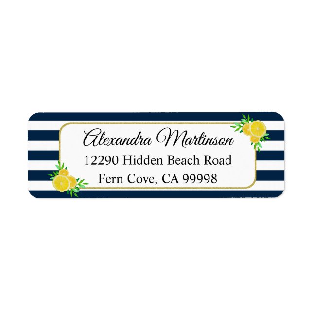 Blue White Stripes Summer Yellow Watercolor Lemon Label (Front)