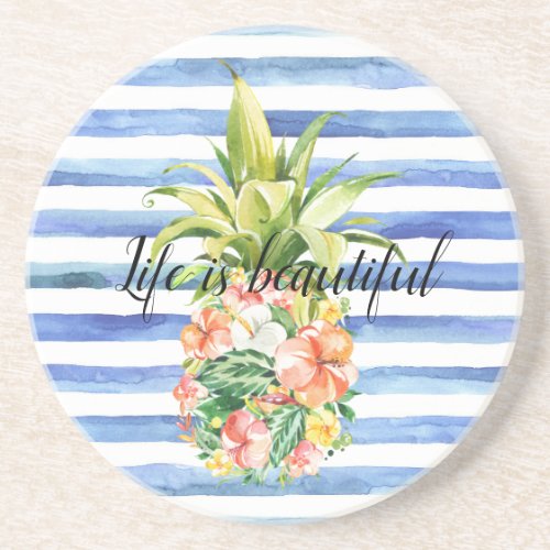 Blue White Stripes Tropical Floral Pineapple Coaster