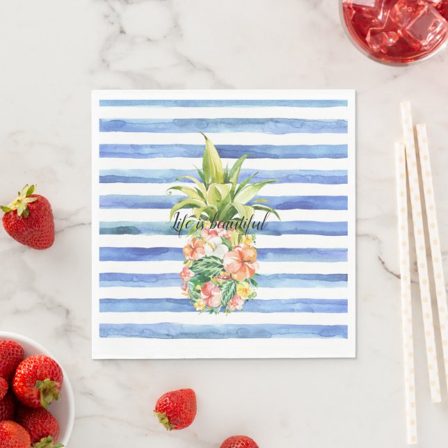 Blue White Stripes Tropical Floral Pineapple Napkins (Insitu)