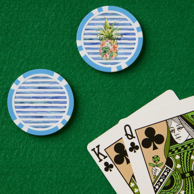 Blue White Stripes Tropical Floral Pineapple Poker Chips (Poker Table (Double))