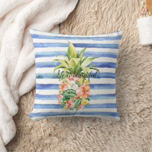 Blue White Stripes Tropical Floral Pineapple Throw Pillow
