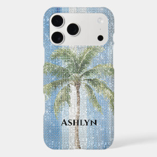 Blue White Stripes Tropical Palm Tree Sparkle iPhone 17 Pro Max Case