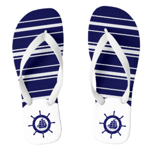 Blue & White Stripes With Nautical Boat Wheel 3 Flip Flops