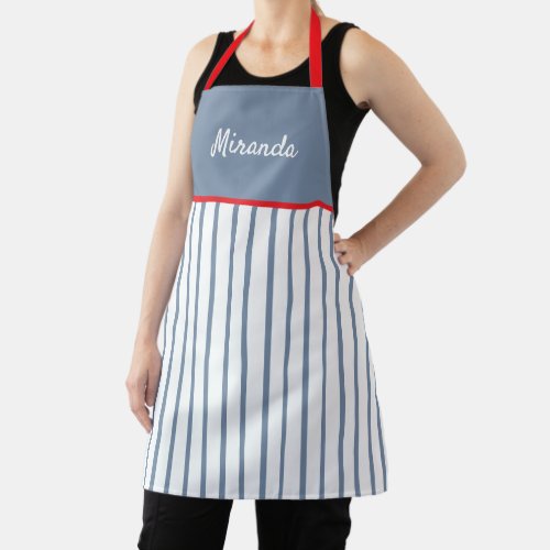 Blue  White Stripes With Red Trim Personalized Apron