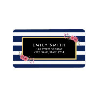 Blue White Stripes with Watercolor Floral Address Label