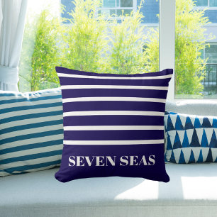 Blue white stripes yacht name outdoor pillow