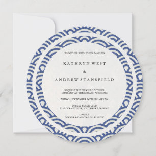 Blue + White Stylized Waves Elegant Beach Wedding Invitation