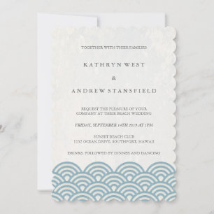 Blue + White Stylized Waves Elegant Beach Wedding Invitation
