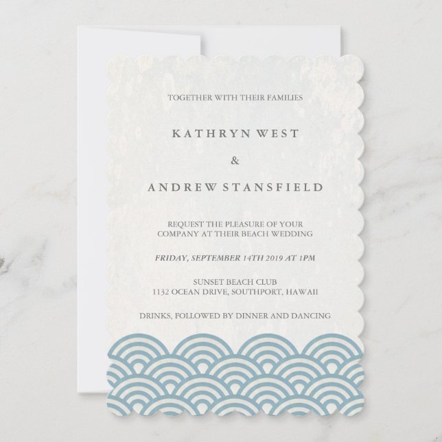 Blue + White Stylized Waves Elegant Beach Wedding Invitation (Front)
