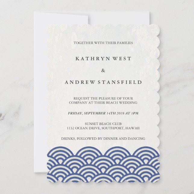 Blue + White Stylized Waves Elegant Beach Wedding Invitation (Front)