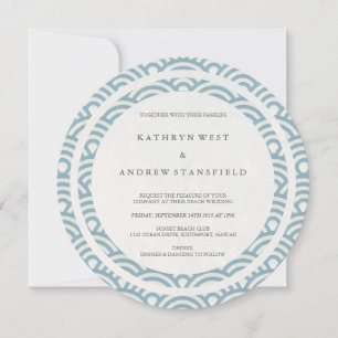 Blue + White Stylized Waves Elegant Beach Wedding Invitation