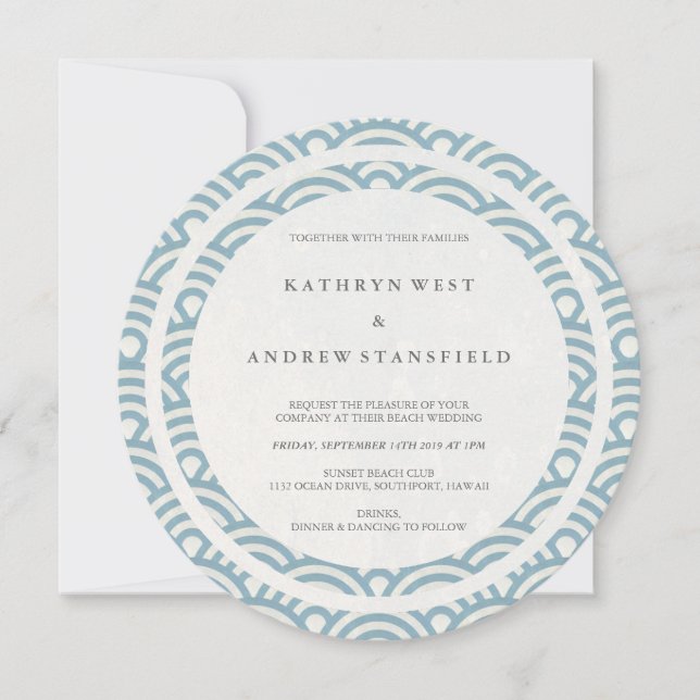 Blue + White Stylized Waves Elegant Beach Wedding Invitation (Front)