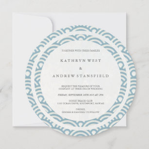 Blue + White Stylized Waves Elegant Beach Wedding Invitation