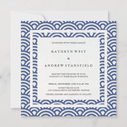 Blue  White Stylized Waves Elegant Beach Wedding Invitation