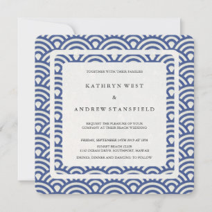 Blue + White Stylized Waves Modern Beach Wedding Invitation