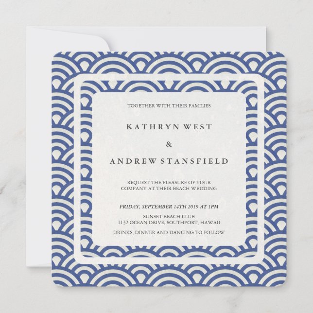 Blue + White Stylized Waves Modern Beach Wedding Invitation (Front)