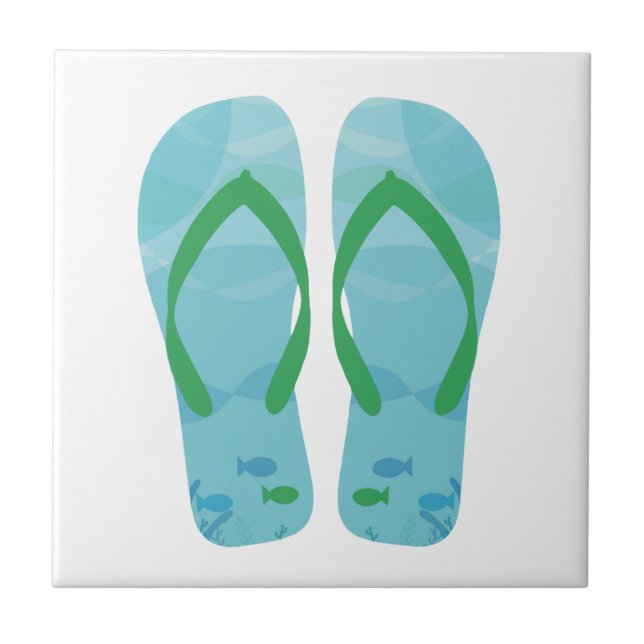 Blue White Summer Beach Flip Flops Ceramic Tile (Front)