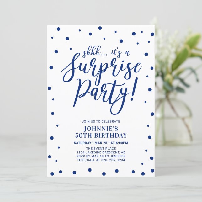 Blue & White | Surprise Adult Birthday Party Invitation (Standing Front)