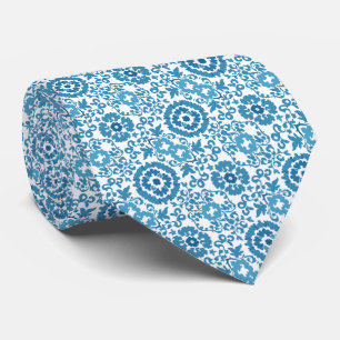 Blue & White Swirl Floral Pattern Neck Tie