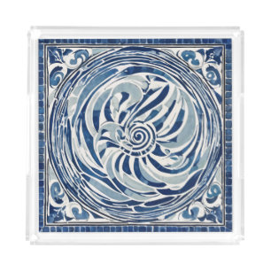 Blue White Swirl Pattern 02 Acrylic Tray