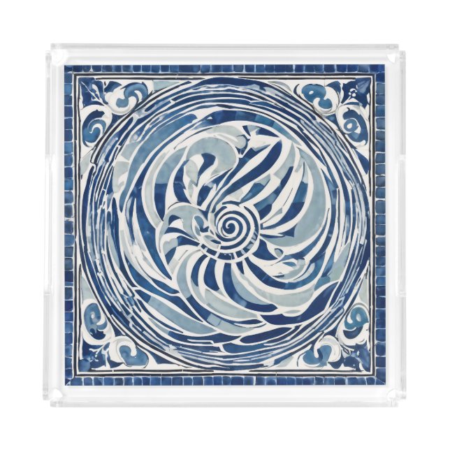 Blue White Swirl Pattern 02 Acrylic Tray (Front)